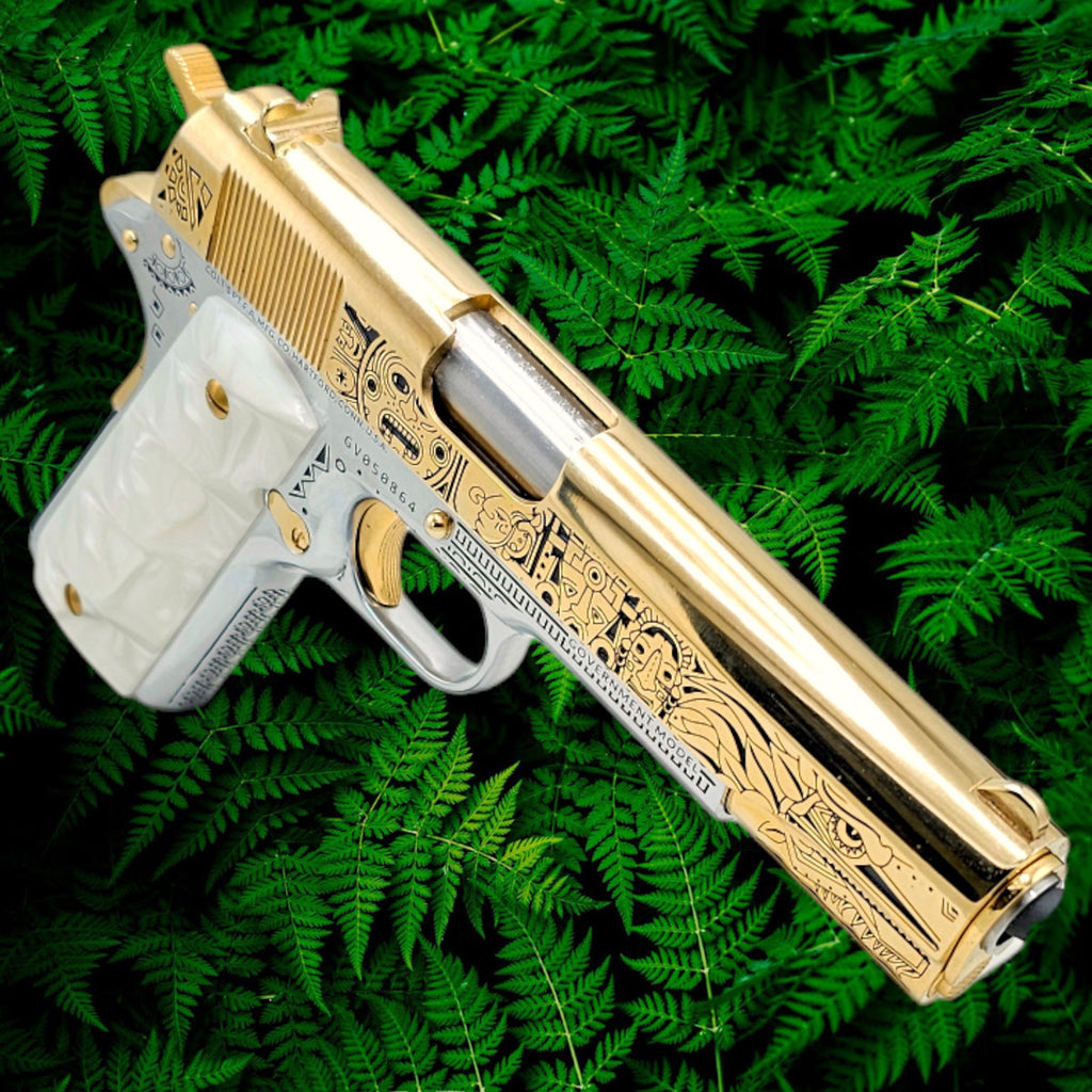Buy Custom Colt 1911 Gold Gun | Aztec Engraved .45 ACP Pistol