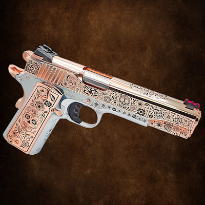 Colt 1911 Competition .38 Super pistol with Dia De Los Muertos design, 18K rose gold slide and 18K white gold frame.