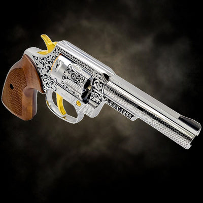 Custom Colt Viper 4-inch .357 Magnum revolver with Colt Heritage scroll engraving, 24K gold cylinder, and 18K white gold frame.