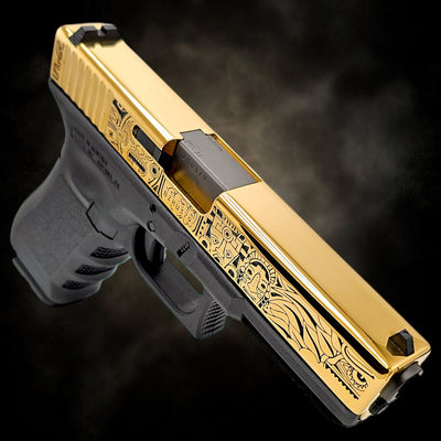 Custom Glock 17 Gen 3 pistol, fully 24K gold plated with Mayan Aztec engraving on the slide.
