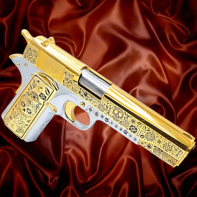 Custom Rock Island 1911 Dia De Los Muertos pistol, 24K gold slide and 18K white gold frame.